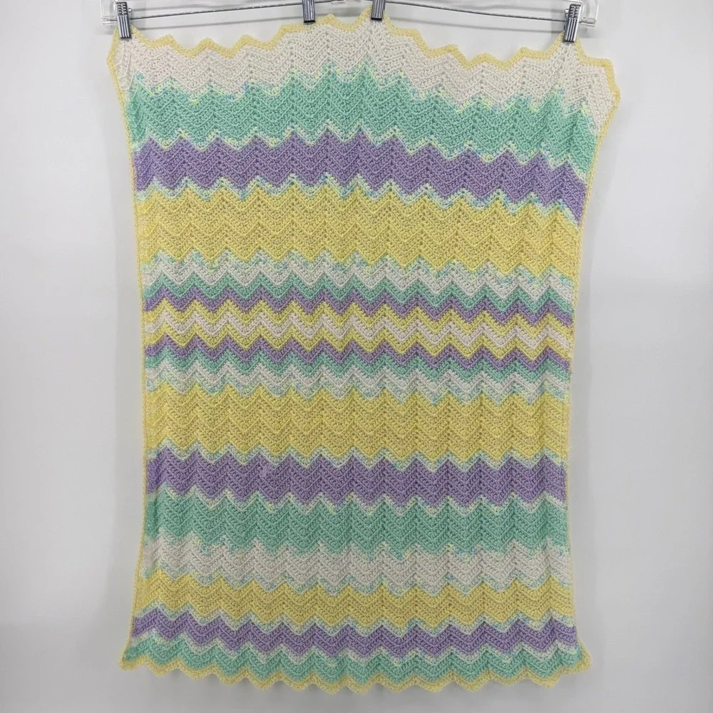 Handmade Crochet Baby Blanket Pastel Yellow Purple Mint Chevron Ripple